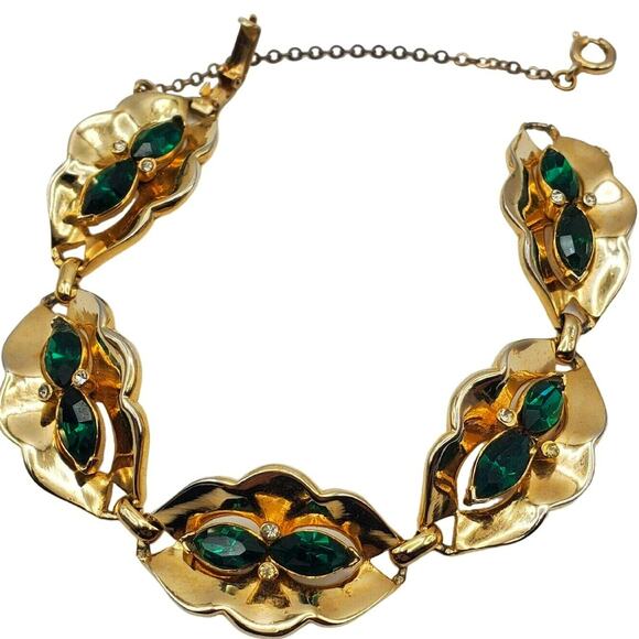Coro Green Rhinestone Bracelet Gold Vermeil Vintage 40s Oval Link 7" L Corocraft - Picture 1 of 12
